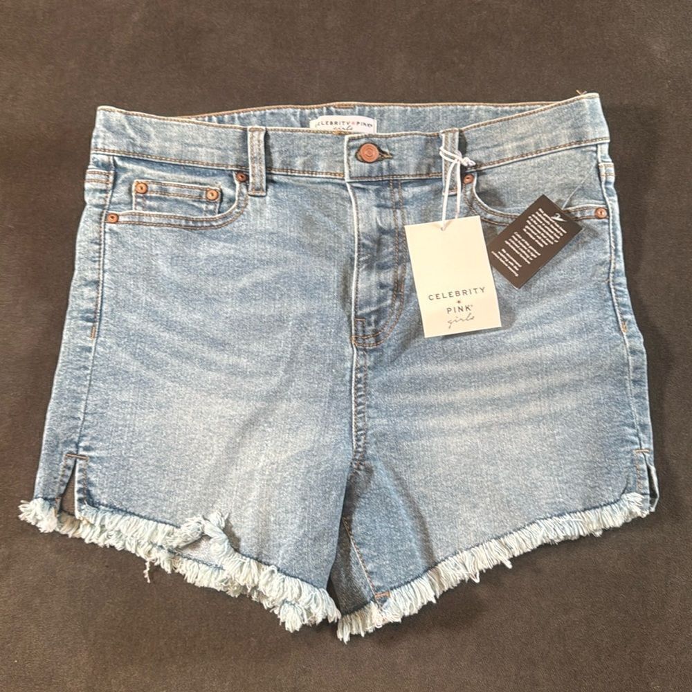 Celebrity Pink Girls Fray Hem Shorts Mid Wash Size 16 NEW